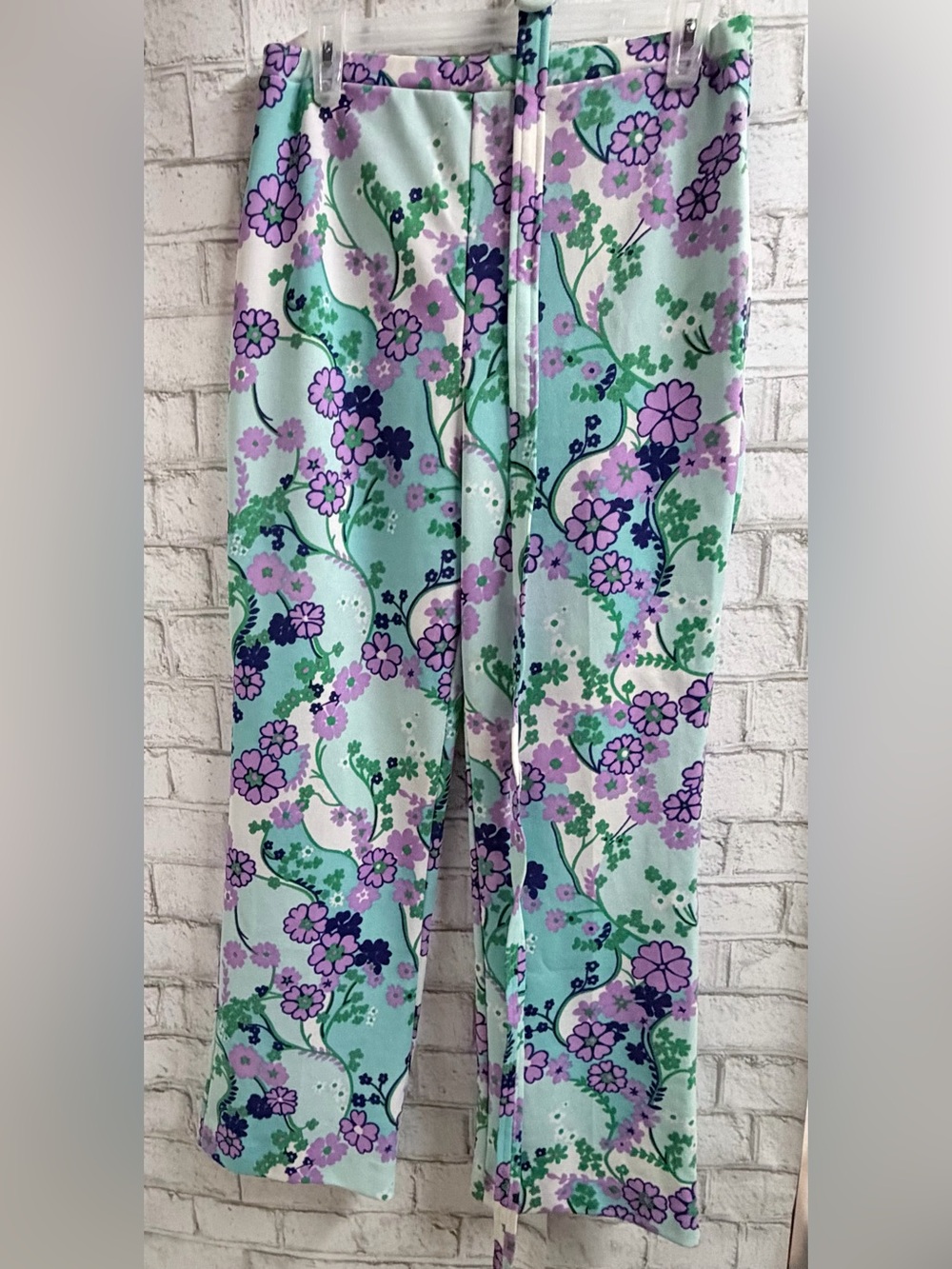Women’s 70’s Mint Floral Polyester Dress Pants